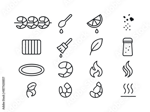 Shrimp Skewers Icons. Shrimp skewers. Line icon set of shrimp skewers: shrimp outline trio, marinade spoon, lemon drip, seasoning puff, grill grid lines, oil