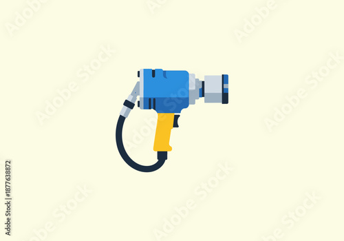 Vector Flat Concept Flat vector illustration of a blue and yellow pneumatic impact wrench with an attached air hose.