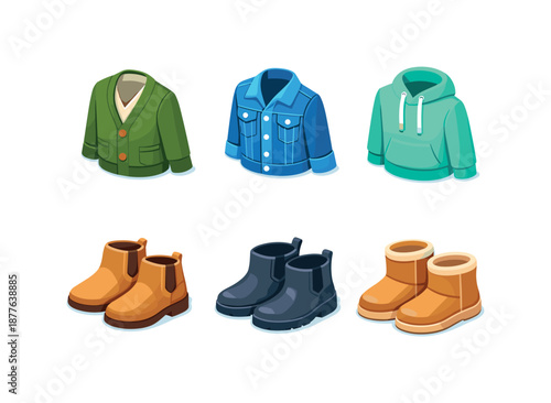 Stylish Jacket Boots Set. Light jacket & boots set. Isometric flat vector icons set of light jacket & boots set: casual cardigan jacket, light denim jacket,