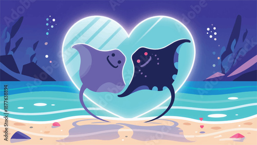 Illustration Of A Pair Of Dancing Stingrays, The Movement Forms A Heart Silhouette, Sunlight Penetrates The Water Vector Design Template