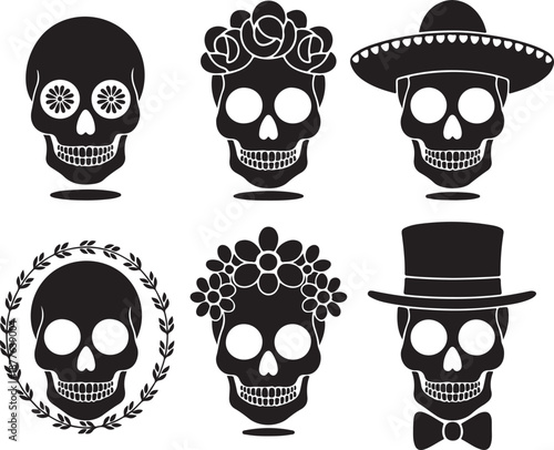 Sugar Skull Silhouette Bundle | Day of the Dead Skull Vector Set