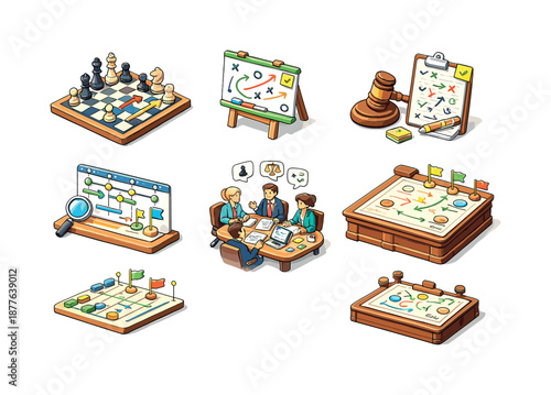 Legal Strategy Icons. Legal strategy. Isometric flat vector icons set of legal strategy: chessboard with legal pieces, strategy diagram on board, gavel with