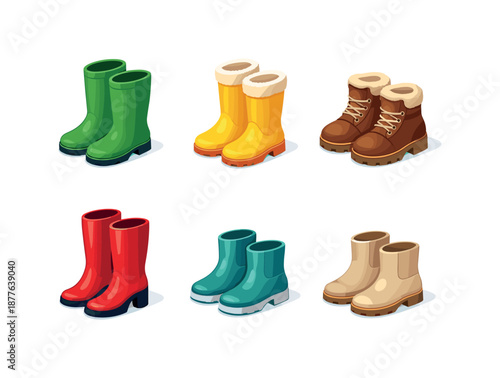 Colorful Autumn Footwear Icons. Autumn footwear. Isometric flat vector icons set of Autumn footwear: matte rubber boots, rain boots with lining, warm insulated