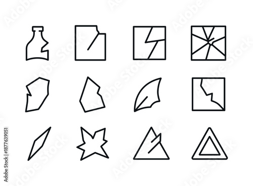Glass Shards Icons. Glass shards. Line icon set of Glass shards: bottle fragment, window shard, mirror shard, cracked glass, jagged piece, triangular shard,