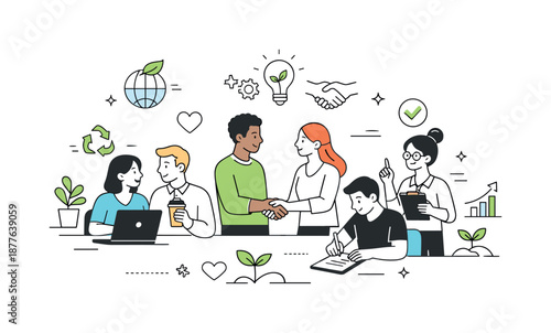 Harmonious Business Culture. Sustainable and ethical business culture. Team working in harmony with people-centered symbols and simple growth elements, calm