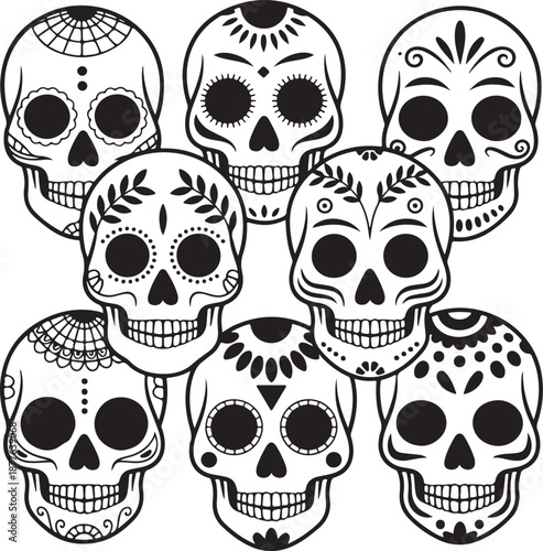 Sugar Skull Silhouette Bundle | Day of the Dead Skull Vector Set