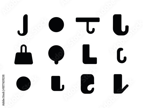 Minimalist Hook Icons. Minimalist hooks. Solid icon set of minimalist hooks: slim hook, dot wall hook, linear hanger, modern hook shape, clip line hook, circle