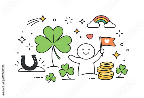 St. Patrick's Optimism. St Patrick?s Day luck concept. An editorial scene symbolizing luck and positivity with shamrocks, gentle sparkles, and abstract shapes