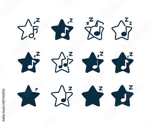 Relaxing Sleep Icons. Relaxing sounds for sleep. Icon set. Set Logo of relaxing sounds for sleep: lullaby star motif. harmonious logo variations of the same