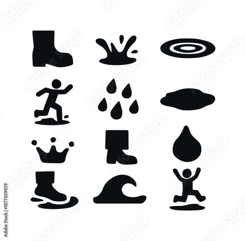 Rainy Day Icons. Splashing in puddles. Solid icon set of splashing in puddles: rain boot, water splash, puddle ripple, jumping figure, raindrop cluster, wet