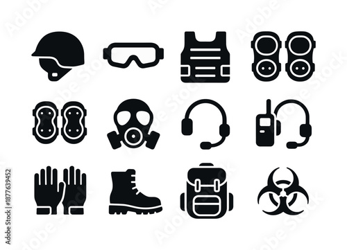 Sapper Gear Icons. Sapper. Solid icon set of protective equipment: helmet, goggles, armored vest, knee pads, elbow pads, gas mask, radio headset, gloves,
