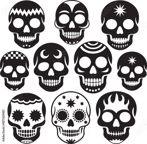 Sugar Skull Silhouette Bundle | Day of the Dead Skull Vector Set