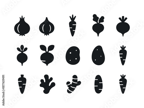Root Vegetables Icons. Root vegetables. Solid icon set of root vegetables: onion, garlic, carrot, beet, radish, turnip, potato, yam, parsnip, ginger, turmeric