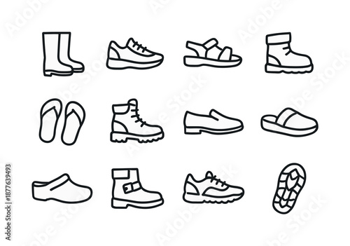 Footwear Icon Collection. Footwear icons. Line icon set of Footwear icons: rain boots, sneakers, sandals, winter boots, flip flops, hiking boots, dress shoes,