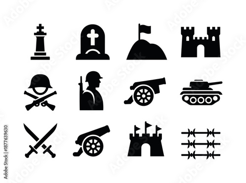 Historical Battlefield Icons. Historical battlefields and military history tours. Icon set. Set Logo of Historical battlefields and military history tours: War
