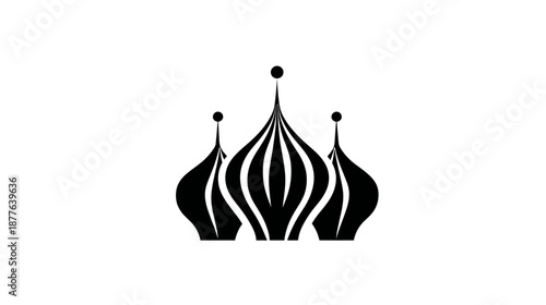 Stylized, symmetrical image featuring three onion-shaped domes. Black graphic on a white background