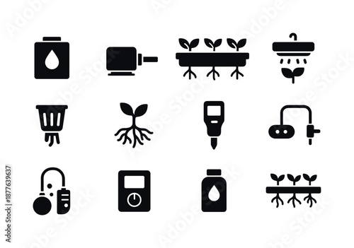 Hydroponics Icons Set. Hydroponics. Solid icon set of hydroponics: nutrient tank, water pump, grow tray, LED grow light, net cup, plant roots, pH meter, tubing