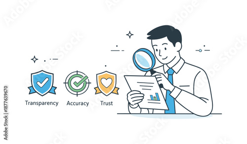 Audit Examination Scene. Audit and legal review. A specialist examining reports with magnifying glass and compliance badges nearby. Transparency, accuracy, and