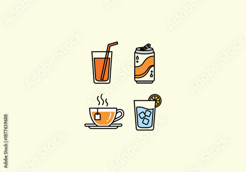 Vector Flat Concept Four beverage icons - juice, soda, tea, and water with lemon, in a simple, outlined style.