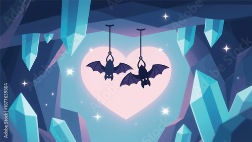 Illustration Of A Pair Of Bats Hanging Upside Down From The Ceiling Of A Crystal Cave, With A Heart Symbol Vector Design Template