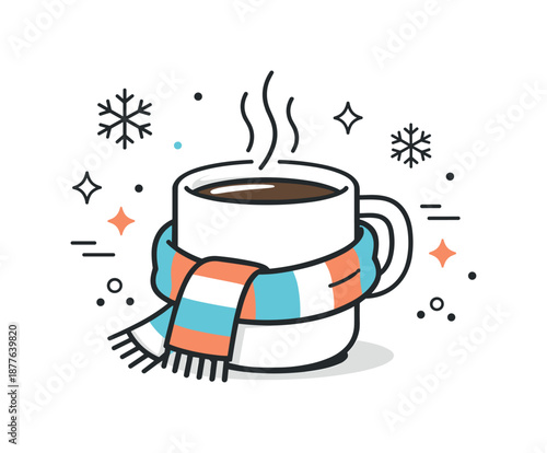 Cozy Winter Warmth. Winter hot beverage. A mug of hot chocolate or tea with scarf elements and snowflakes around. Warmth, calm winter mood and quiet enjoyment.