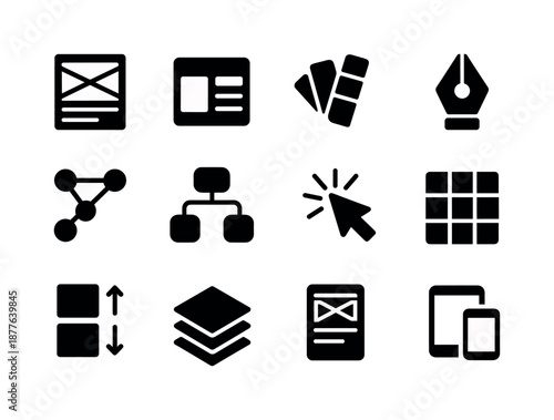 Interactive Design Icons. Interactive design. Solid icon set of interactive design: wireframe, UI layout, color palette, design pen, nodes and connectors, UX