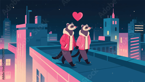 Illustration Of A Pair Of Ferrets Wearing Jackets, Walking On A City Rooftop, A Romantic Urban Atmosphere Vector Design Template