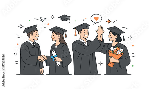 Graduation Day Cheers. Graduation day celebration. Graduates in caps and gowns smiling and congratulating each other. Joyful milestone moment with calm festive