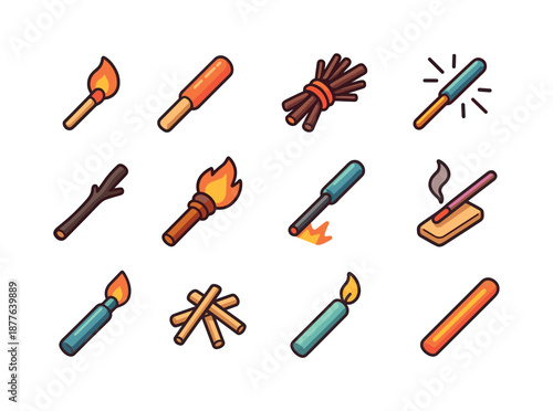 Colorful Fire Sticks Icons. Fire sticks. Colorful isometric vector icons set of fire sticks: matchstick, fire starter stick, twig bundle, spark stick, charred