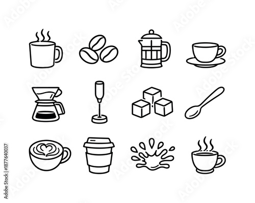 Coffee Icons Collection. Coffee time. Line icon set of Coffee time: steaming mug, coffee beans, french press, espresso cup, drip coffee pot, milk frother,