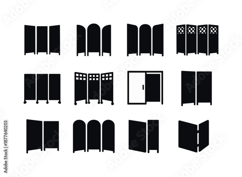 Folding Screen Icons. Folding screen types. Solid icon set of folding screen types: privacy screen, room divider, dressing screen, decorative screen, office
