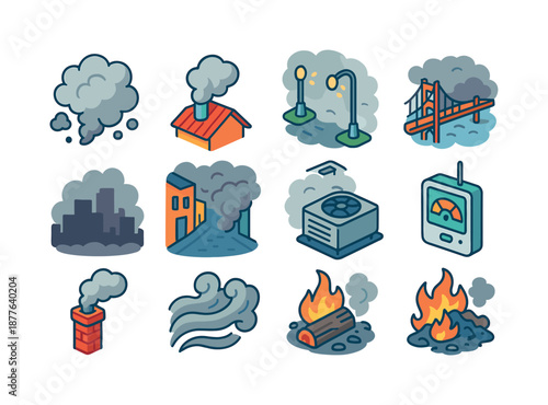 Urban Smoke Icons. urban disaster smoke. Colorful isometric vector icons set of urban disaster smoke: grey smoke clouds, soot particles, rooftop vent smoke,