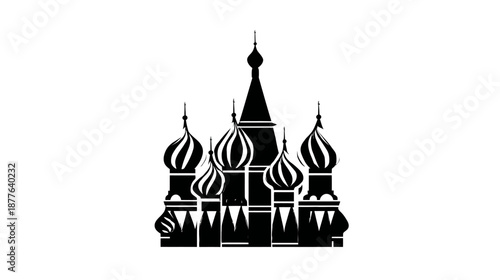 Silhouetted illustration of a stylized orthodox cathedral with onion domes and tall steeple