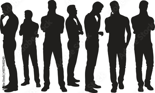 Silhouette of people posing, thinking, and discussing, professional teamwork, brainstorming, vector illustration