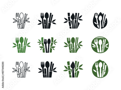 Plastic-Free Emblem Set. plastic-free lifestyle. Icon set. Set Logo of plastic-free lifestyle: bamboo utensils. harmonious logo variations of the