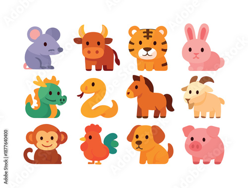 Colorful Zodiac Icons. Chinese zodiac. Colorful flat vector icons set of Chinese zodiac: rat symbol, ox symbol, tiger symbol, rabbit symbol, dragon symbol,