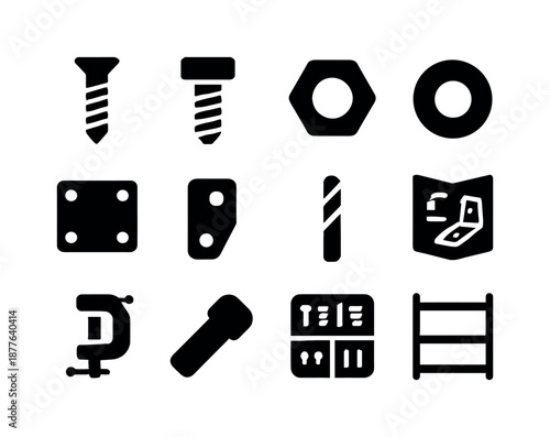 Machine Assembly Icons. Machine assembly. Solid icon set of machine assembly: screw, bolt, nut, washer, metal plate, bracket piece, drill bit, assembly guide,