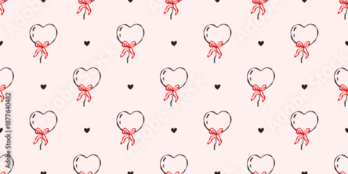 Seamless pattern heart balloon with tiny hearts and bow. Ideas for party, wedding and bachelorette celebration backgrounds, cards and packaging design