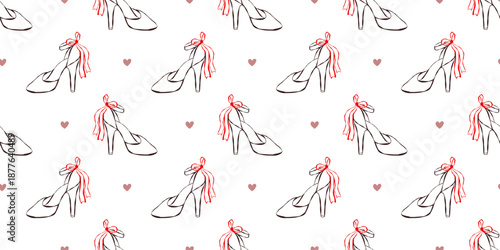 Wedding seamless pattern with bridal high heels, bows and small hearts. Ideal for bachelorette, wedding and valentine party design, wrapping, stationery and festive backgrounds