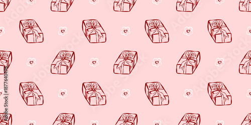 Whimsical seamless pattern with gift box for birthday, wedding, christmas. Perfect for party stationery, packaging with romantic charm, festive cards and decor projects