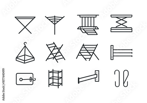 Drying System Icons. Drying system. Line icon set of Drying system: collapsible frame, rotary line, ceiling-mounted airer, motorized lift rack, drying net,
