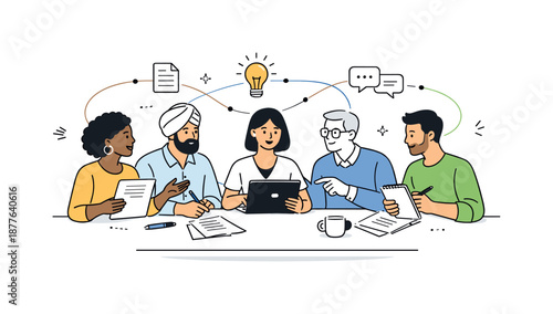 Diverse Team Collaboration. Diverse team collaboration. Group of professionals with different backgrounds working together around a shared table, exchanging