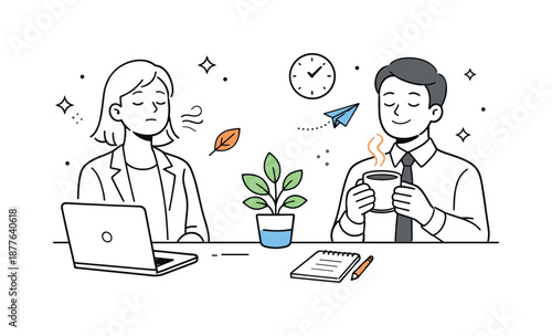 Mindful Workday Break. Mindful break during workday. Professional taking a short pause with coffee or breathing exercise. Gentle reminder of rest and mental