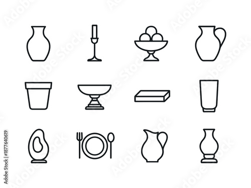 Mono Line Tableware Icons. Decorative tableware. Line icon set of Decorative tableware: vase, candle holder, fruit bowl, ceramic jug, flower pot, centerpiece