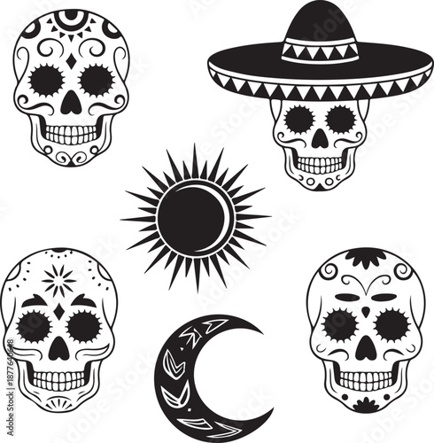 Sugar Skull Silhouette Bundle | Day of the Dead Skull Vector Set