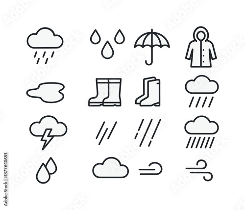 Rainy Day Icons. Rainy weather. Line icon set of rainy weather: rain cloud, raindrops, umbrella, puddle, boots, raincoat, storm cloud, drizzle lines, heavy
