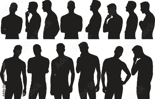 Silhouette of people in various thinking poses, business brainstorming, reflection, vector illustration