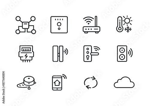 Home Automation Icons. Home automation layout. Line icon set of Home automation layout: wiring diagram outline, smart switch, Wi-Fi hub, climate icon, energy