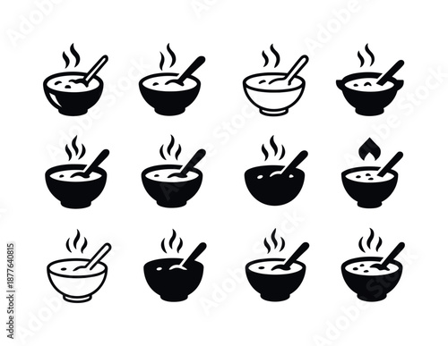 Global Breakfast Icons. Trying global breakfast traditions. Icon set. Set Logo of Trying global breakfast traditions: congee bowl. harmonious logo variations