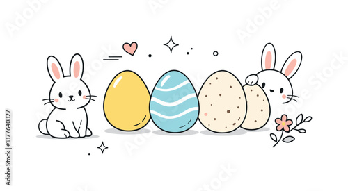 Minimal Easter Illustration. Early Easter seasonal illustration. Light composition with a few eggs and gentle bunny elements, hinting at celebration without